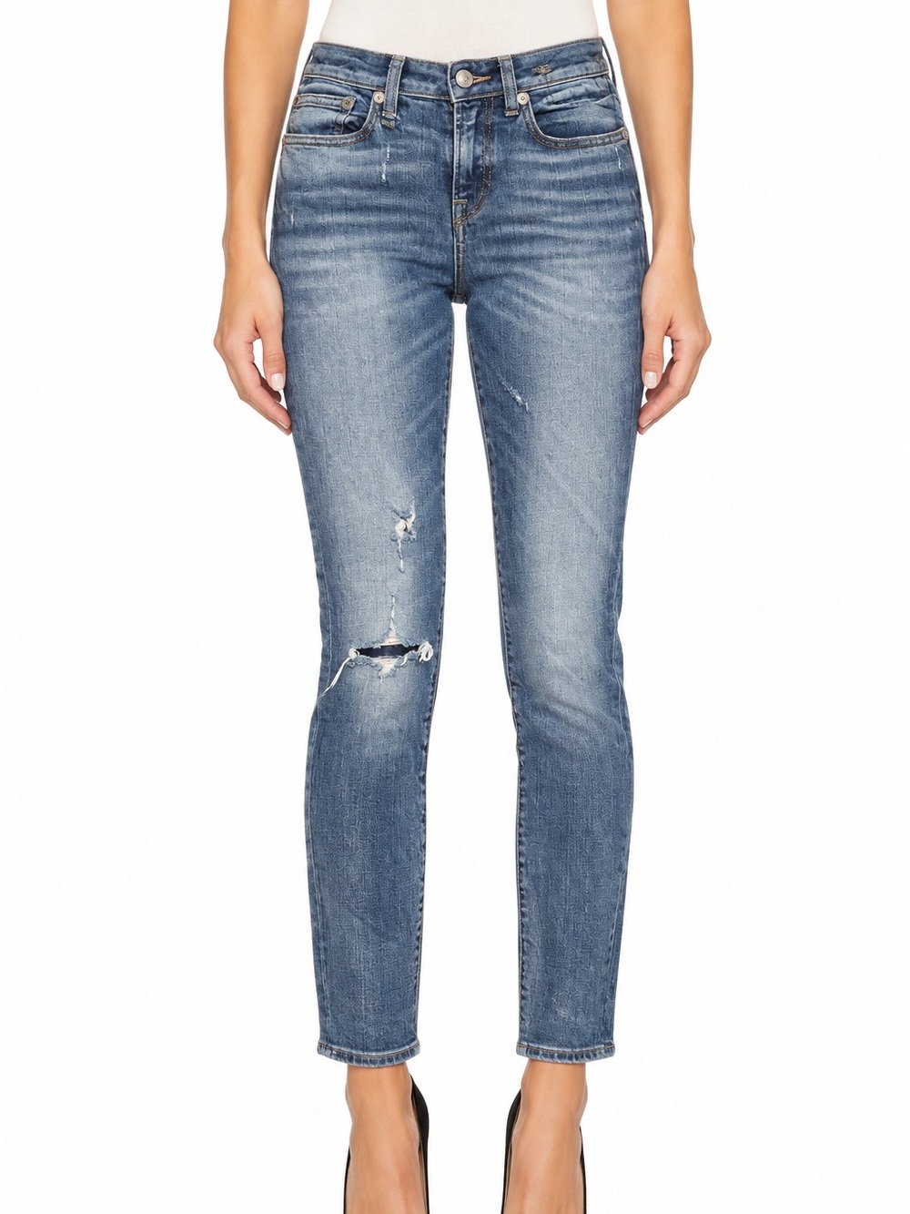 R13 Jenny Mid Rise Skinny Jeans 24 Distressed Blue Made Italy $345
